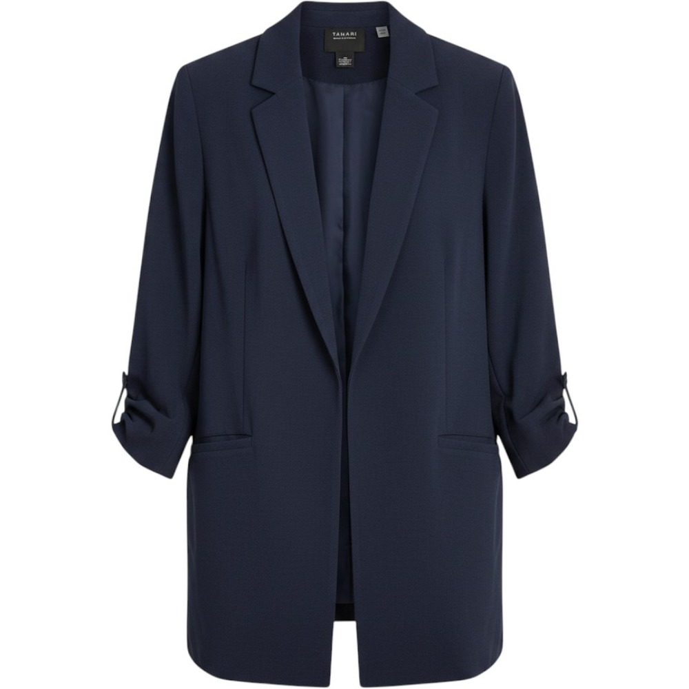 Tahari Ruched Sleeve Blazer Womens XL Navy Blue Open Front Professional Jacket